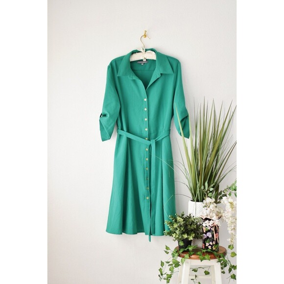 Sharagano  Shirt dress Woman's L Green A-line 3/4 Sleeve Button Classic Colorful - Picture 1 of 7